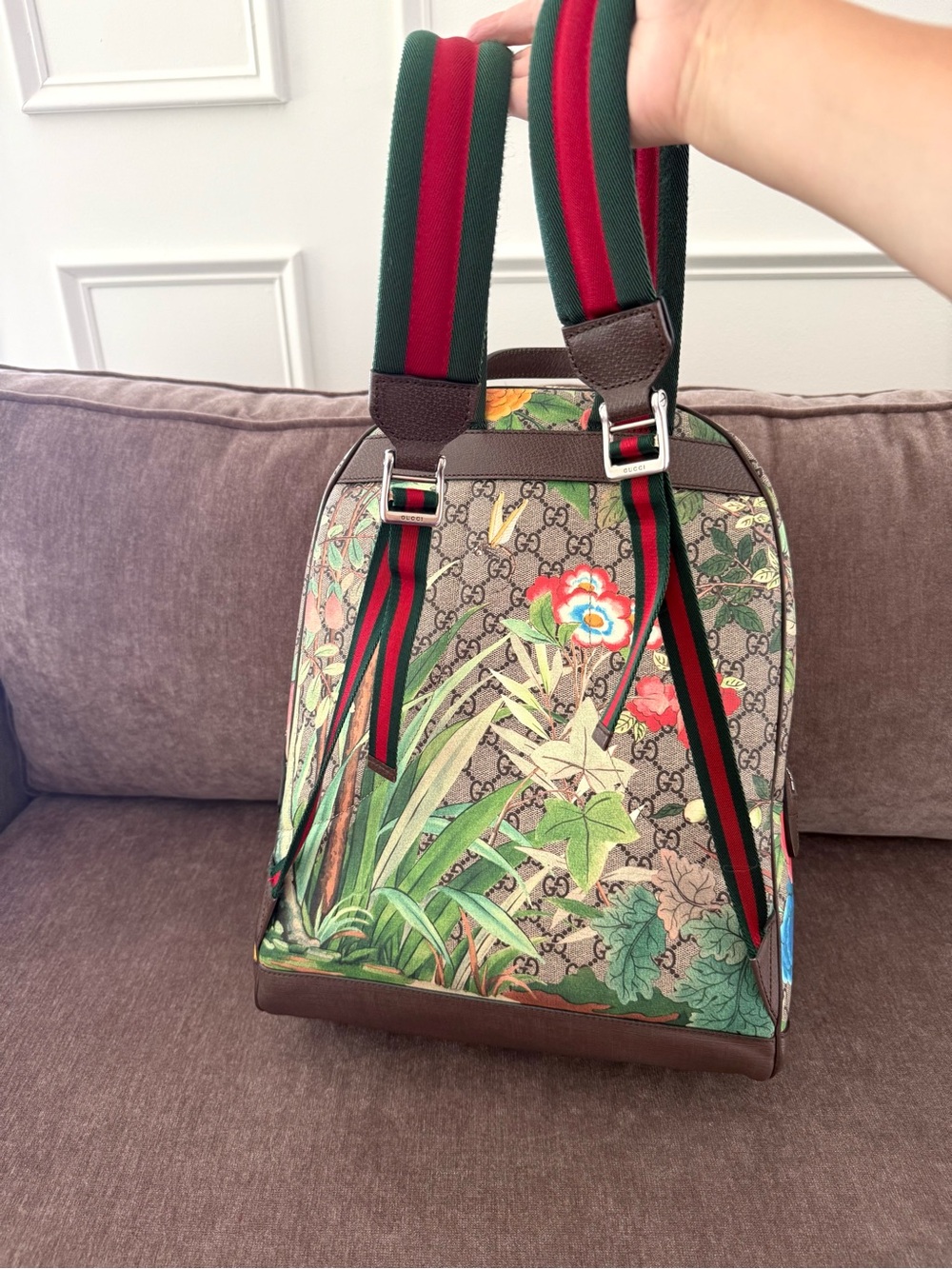 Authentic Gucci Tian GG Supreme Backpack monogram canvas red green straps - Picture 10 of 16